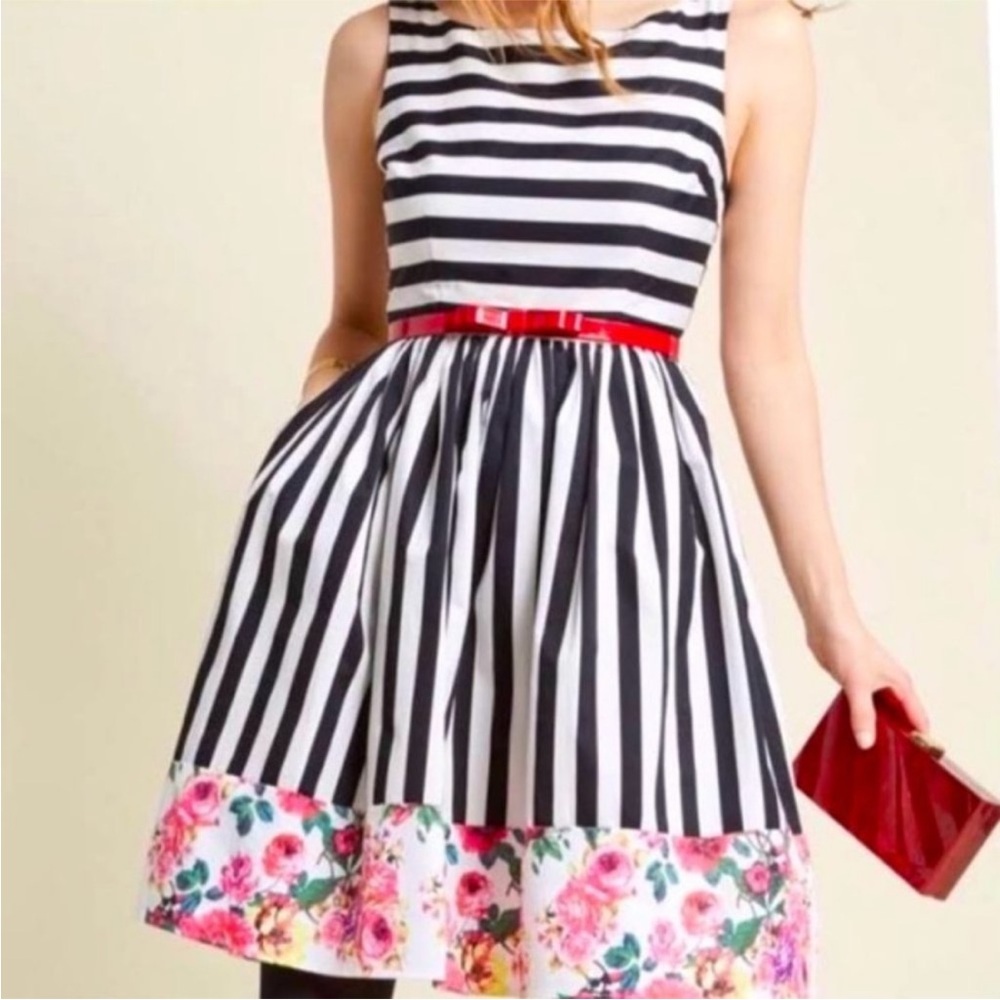 Modcloth Black and White Striped Dress with Red Accents